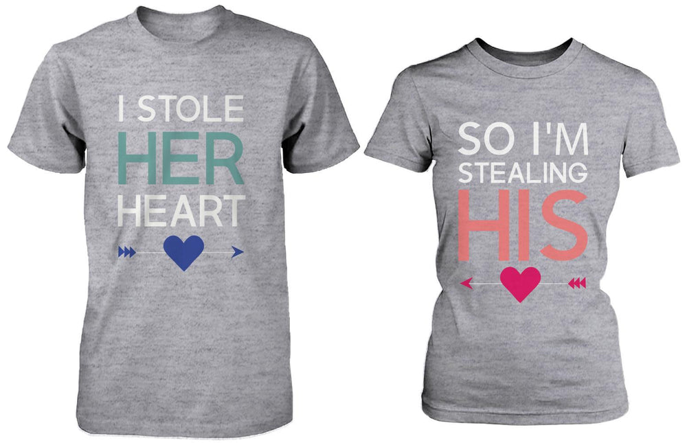 I Stole Her Heart, So I'm Stealing Heart Matching Couple Shirts in Grey (Set)