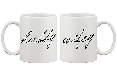 Hubby and Wifey Calligraphy Style Couple Matching Coffee Mugs for Couples